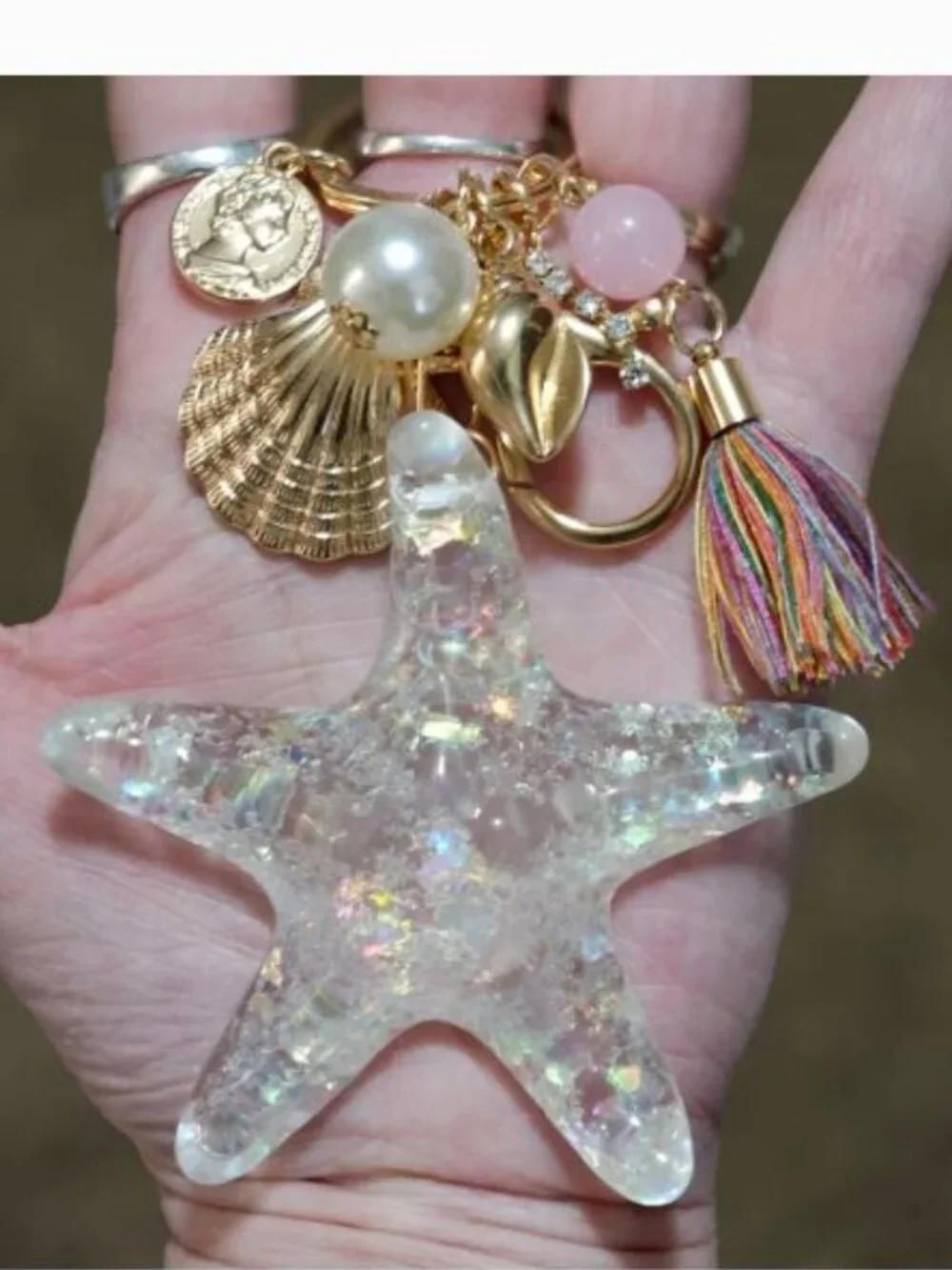 Transparent Glitter Starfish Shell Tassel Pearl Keychain